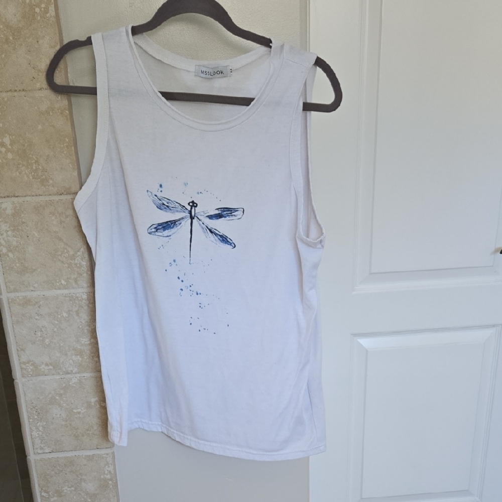 MISSLOOK White Tank Top with Blue Dragonfly Design